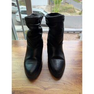 Toe Warmers Women's Black Leather Slouch Boots Faux Fur Lined Mid Calf Wedge 7.5